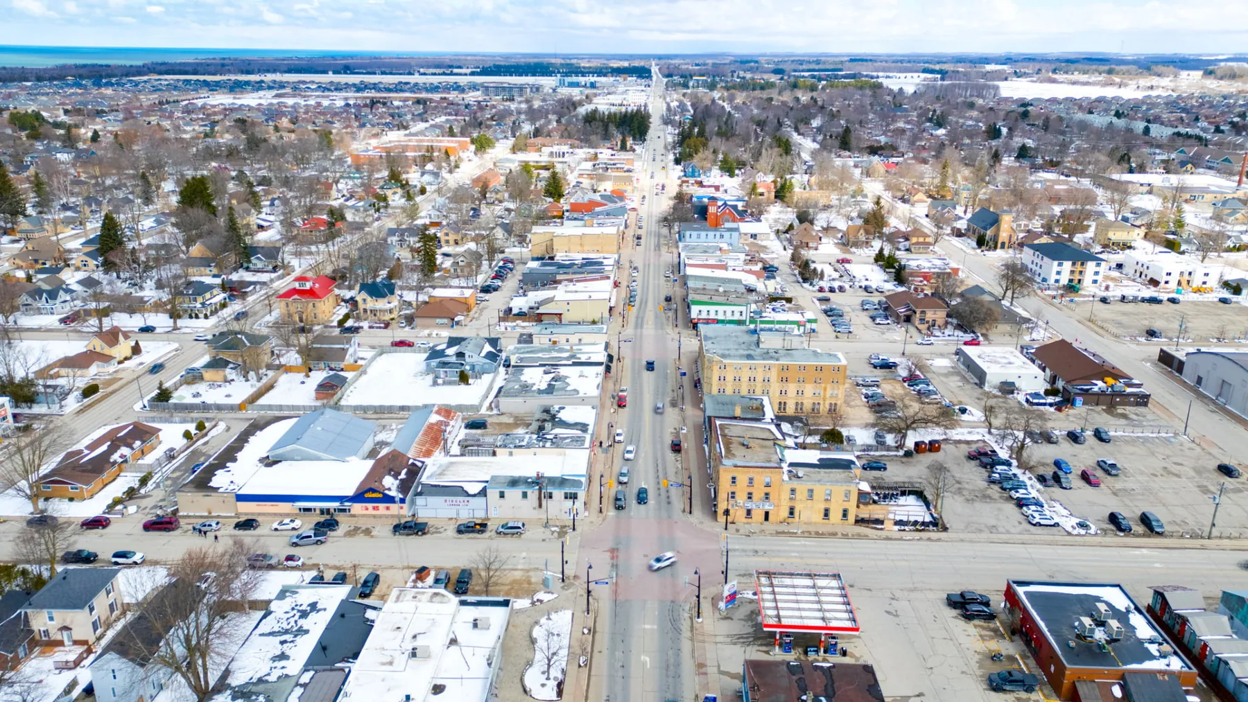 Aerial of a small town main street commercial strip